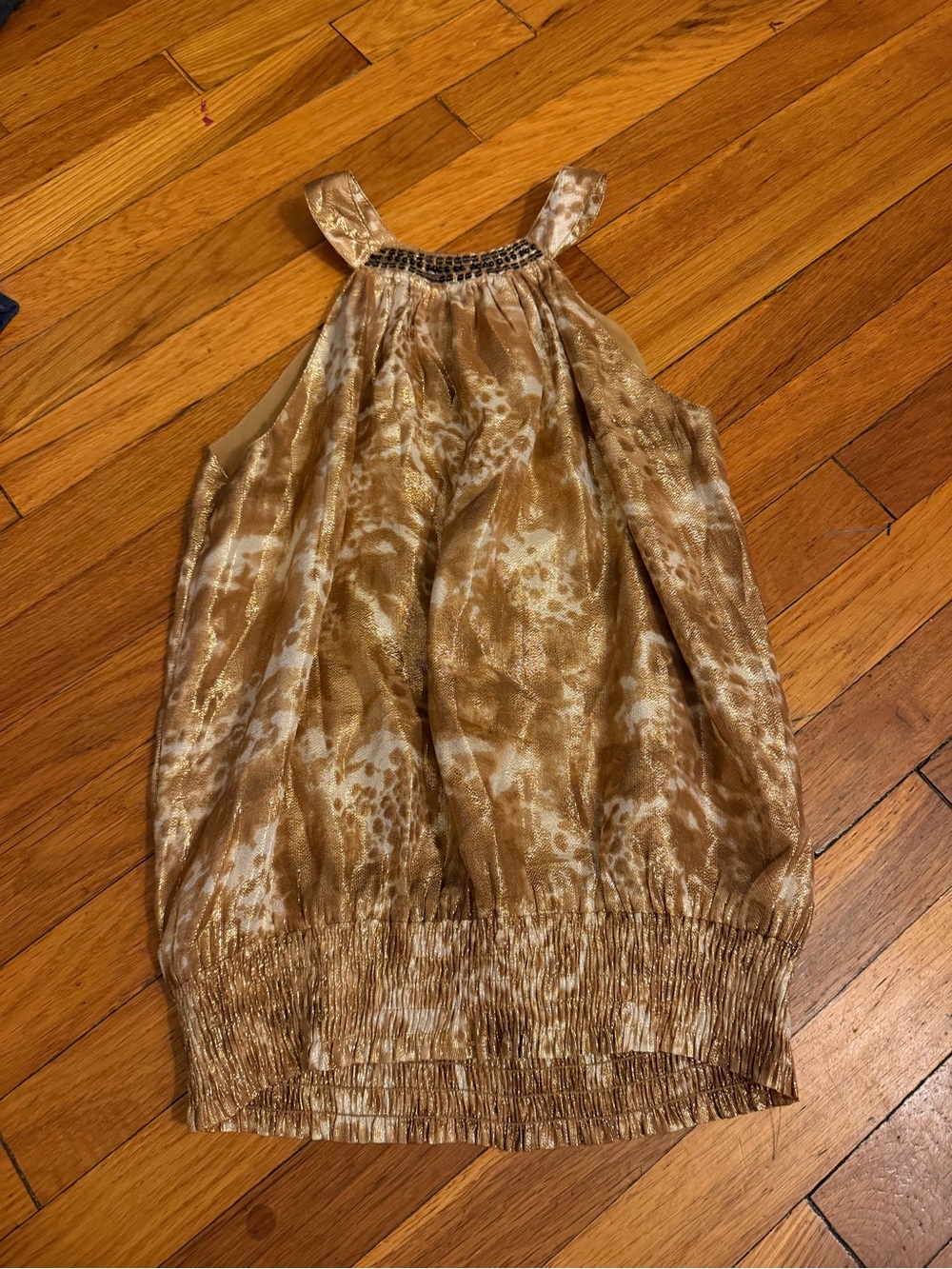 Arden B Gold Metallic Halter Blouson Tank with Beaded Neckline
